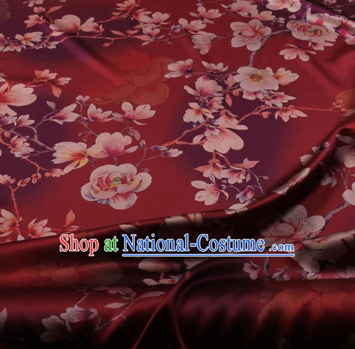 Traditional Chinese Classical Magnolia Pattern Purplish Red Gambiered Guangdong Gauze Silk Fabric Ancient Hanfu Dress Silk Cloth