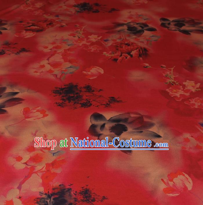 Traditional Chinese Classical Lotus Pattern Red Gambiered Guangdong Gauze Silk Fabric Ancient Hanfu Dress Silk Cloth