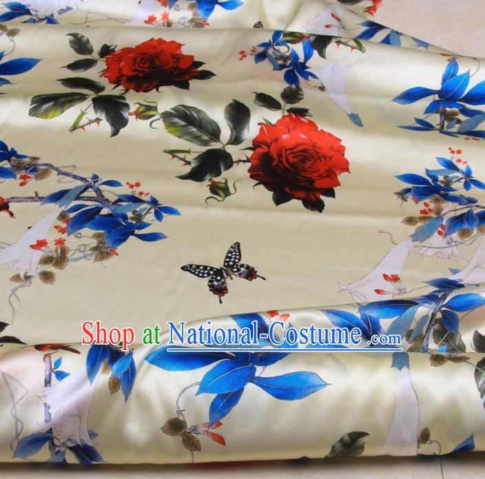 Traditional Chinese Classical Roses Pattern Beige Gambiered Guangdong Gauze Silk Fabric Ancient Hanfu Dress Silk Cloth