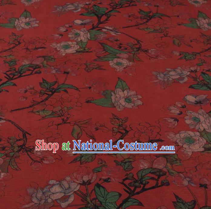 Traditional Chinese Classical Camellia Pattern Rust Red Gambiered Guangdong Gauze Silk Fabric Ancient Hanfu Dress Silk Cloth