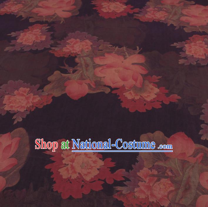 Traditional Chinese Classical Lotus Peony Pattern Deep Brown Gambiered Guangdong Gauze Silk Fabric Ancient Hanfu Dress Silk Cloth