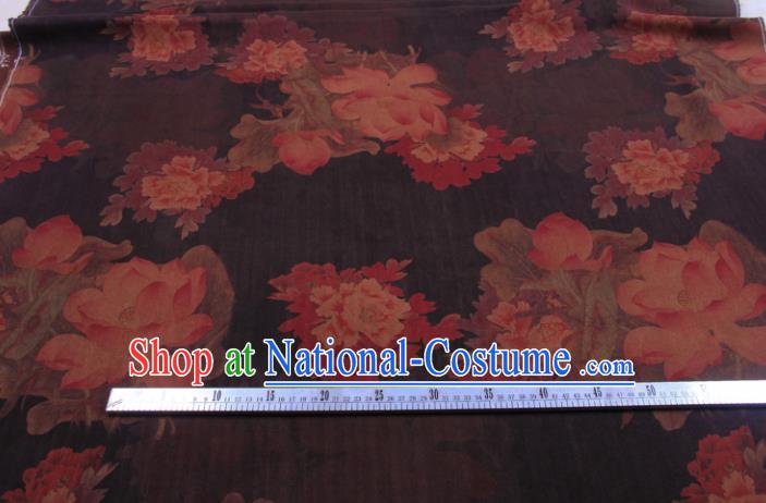 Traditional Chinese Classical Lotus Peony Pattern Deep Brown Gambiered Guangdong Gauze Silk Fabric Ancient Hanfu Dress Silk Cloth