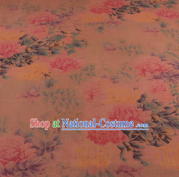 Traditional Chinese Classical Peony Pattern Khaki Gambiered Guangdong Gauze Silk Fabric Ancient Hanfu Dress Silk Cloth