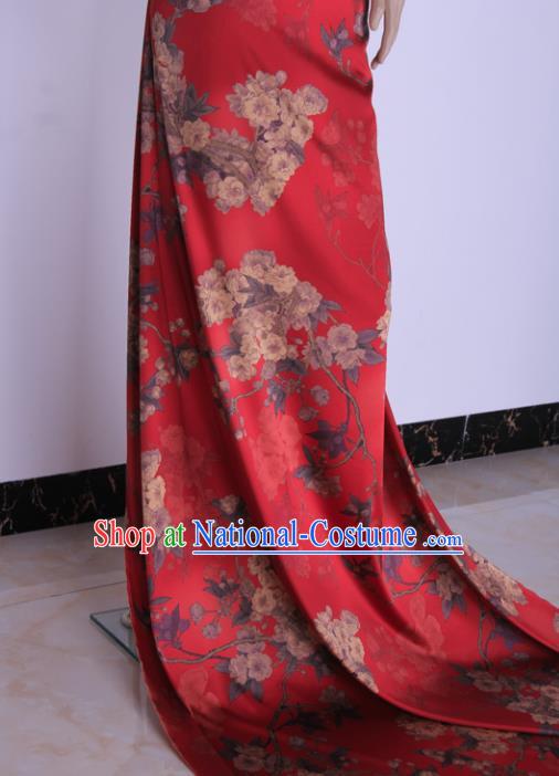 Traditional Chinese Classical Pear Flowers Pattern Red Gambiered Guangdong Gauze Silk Fabric Ancient Hanfu Dress Silk Cloth