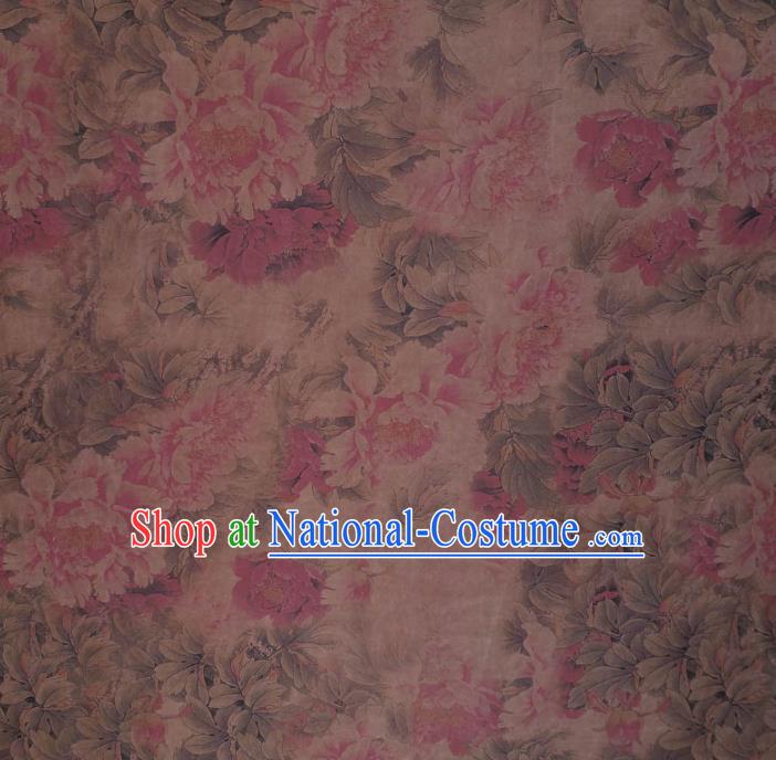 Traditional Chinese Classical Peony Pattern Light Brown Gambiered Guangdong Gauze Silk Fabric Ancient Hanfu Dress Silk Cloth