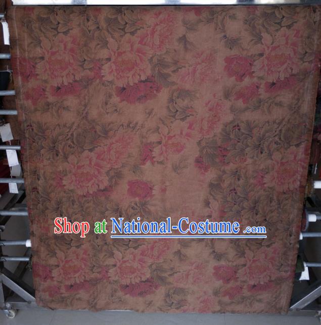 Traditional Chinese Classical Peony Pattern Light Brown Gambiered Guangdong Gauze Silk Fabric Ancient Hanfu Dress Silk Cloth