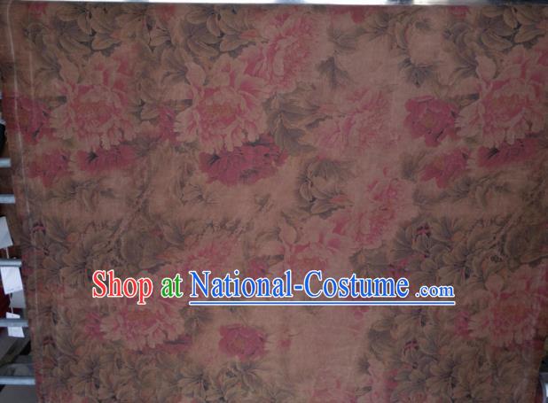 Traditional Chinese Classical Peony Pattern Light Brown Gambiered Guangdong Gauze Silk Fabric Ancient Hanfu Dress Silk Cloth