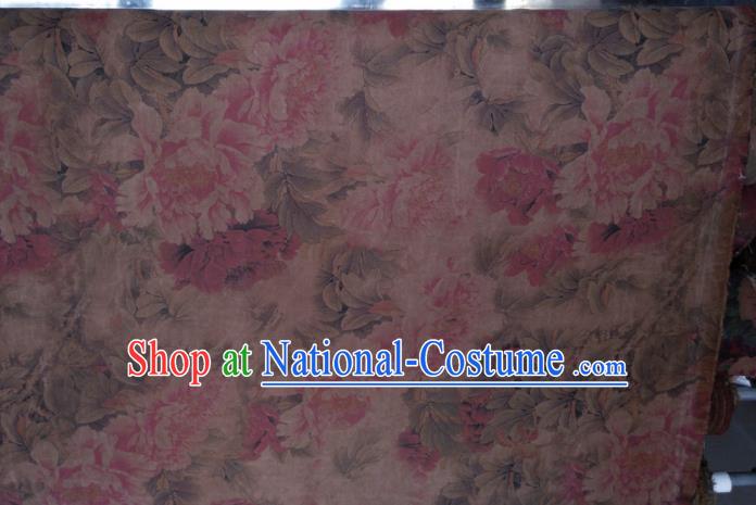 Traditional Chinese Classical Peony Pattern Light Brown Gambiered Guangdong Gauze Silk Fabric Ancient Hanfu Dress Silk Cloth