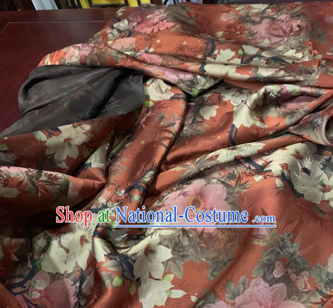 Chinese Classical Flowers Pattern Rust Red Silk Fabric Traditional Ancient Hanfu Dress Brocade Cloth