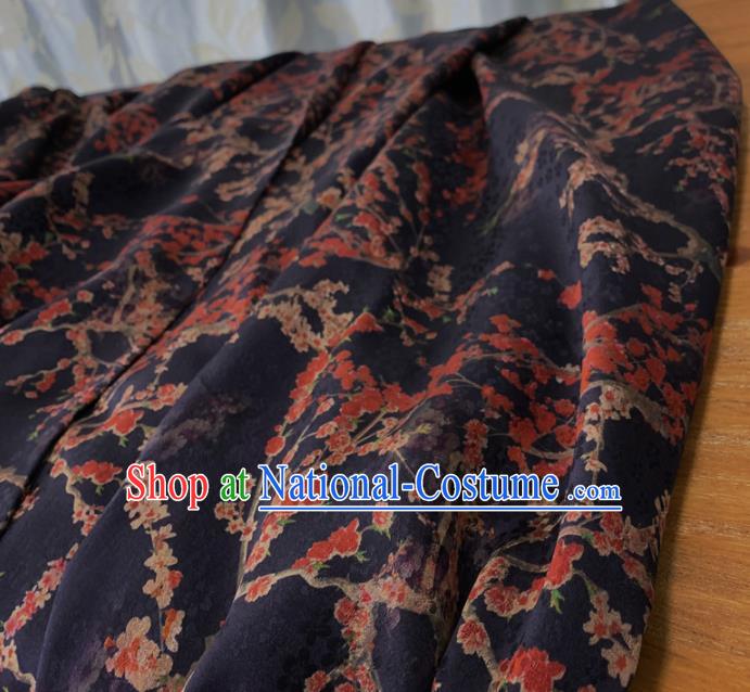 Chinese Classical Plum Pattern Navy Silk Fabric Traditional Ancient Hanfu Dress Brocade Cloth