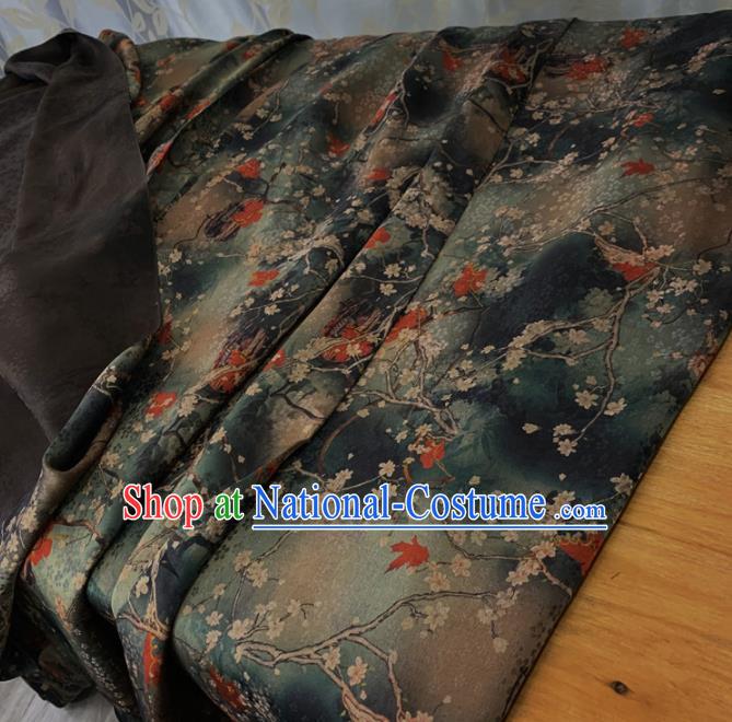 Chinese Classical Plum Pattern Dark Green Silk Fabric Traditional Ancient Hanfu Dress Brocade Cloth