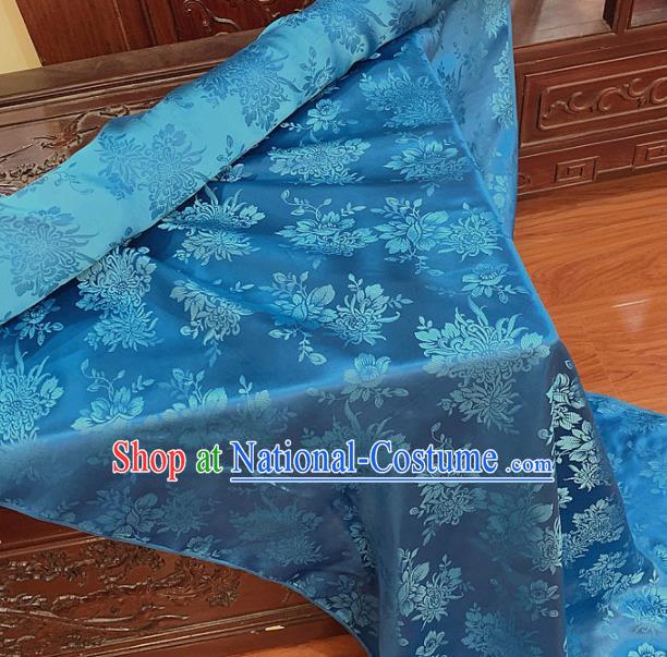 Chinese Classical Chrysanthemum Pattern Blue Silk Fabric Traditional Ancient Hanfu Dress Brocade Cloth