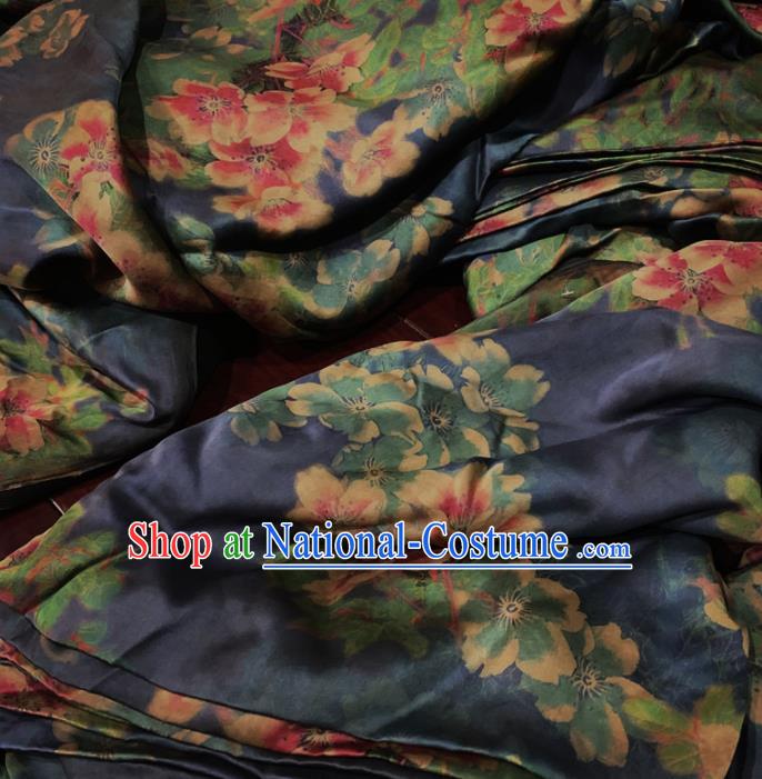 Chinese Classical Peach Blossom Pattern Navy Silk Fabric Traditional Ancient Hanfu Dress Brocade Cloth