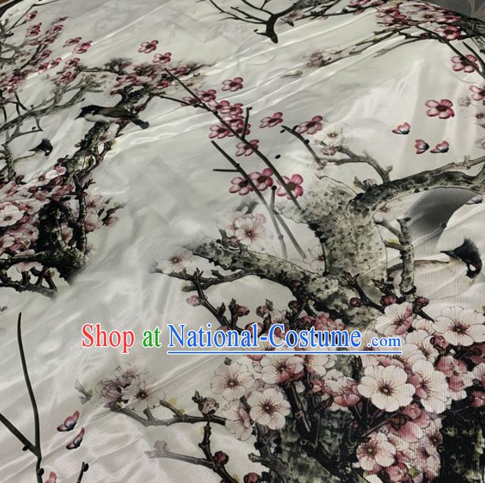 Chinese Classical Ink Painting Plum Pattern White Silk Fabric Traditional Ancient Hanfu Dress Brocade Cloth