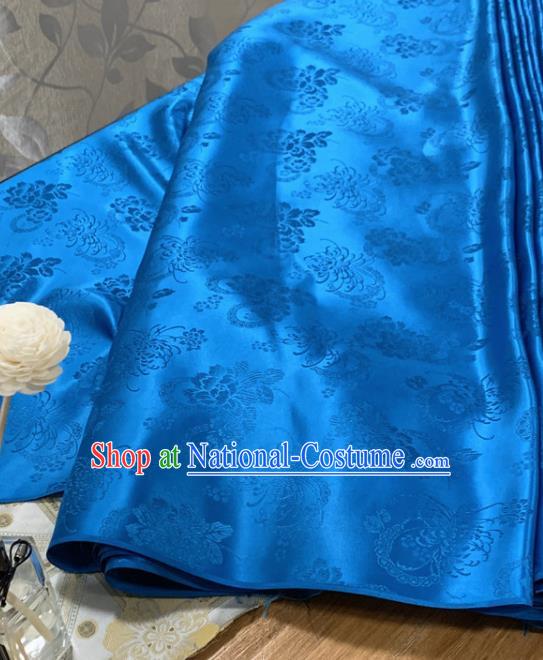 Chinese Classical Chrysanthemum Pattern Blue Silk Fabric Traditional Ancient Hanfu Dress Brocade Cloth