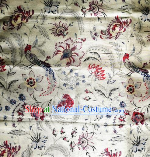 Chinese Classical Birds Pattern White Silk Fabric Traditional Ancient Hanfu Dress Brocade Cloth