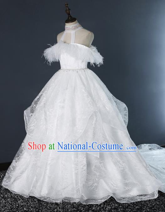 Top Grade Children Day Dance Performance White Lace Full Dress Kindergarten Girl Stage Show Wedding Costume for Kids