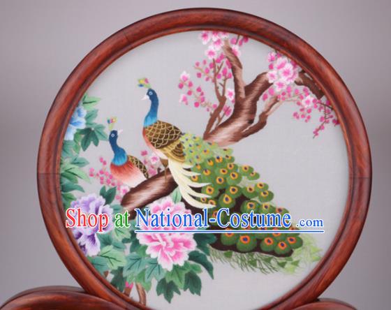 Chinese Traditional Suzhou Embroidery Peacock Peony Desk Folding Screen Embroidered Rosewood Decoration Embroidering Craft