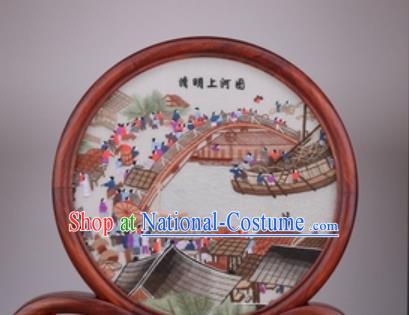 Chinese Traditional Suzhou Embroidery Riverside Scene at Qingming Festival Desk Folding Screen Embroidered Rosewood Decoration Embroidering Craft