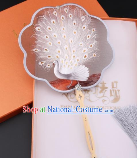 Chinese Traditional Suzhou Embroidery White Peacock Palace Fans Embroidered Fans Embroidering Craft