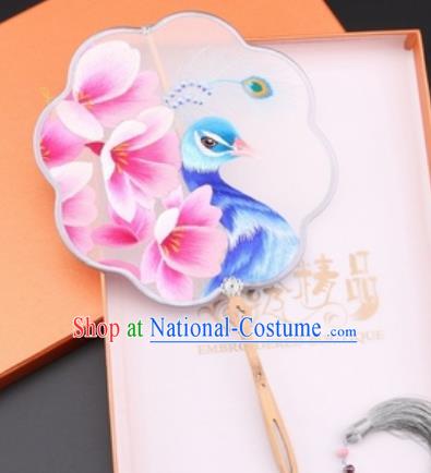 Chinese Traditional Suzhou Embroidery Pink Flowers Peacock Palace Fans Embroidered Fans Embroidering Craft