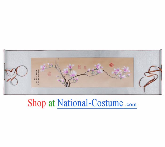 Traditional Chinese Handmade Suzhou Embroidery Yulan Magnolia Wall Picture Embroidered Scroll Embroidery Craft