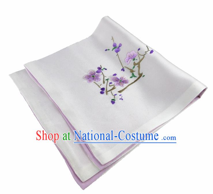 Chinese Traditional Handmade Embroidery Plum White Silk Handkerchief Embroidered Hanky Suzhou Embroidery Noserag Craft