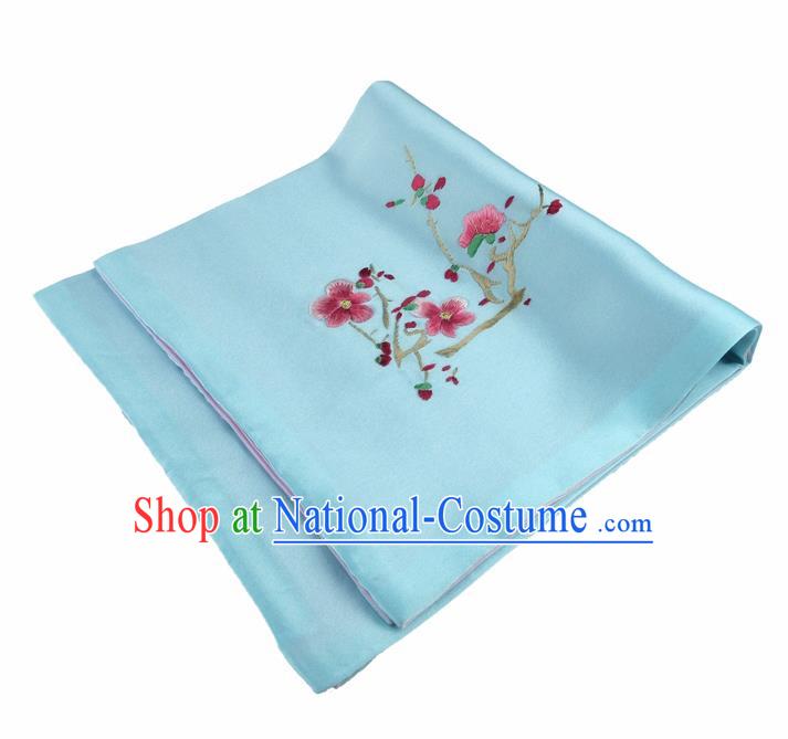 Chinese Traditional Handmade Embroidery Plum Blue Silk Handkerchief Embroidered Hanky Suzhou Embroidery Noserag Craft