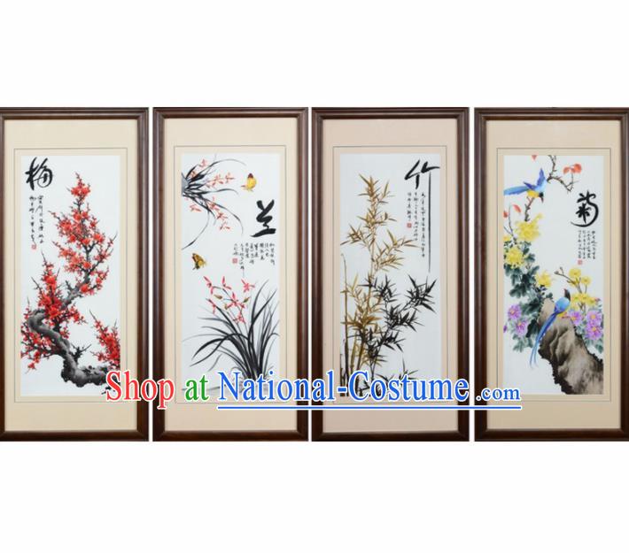 Traditional Chinese Handmade Suzhou Embroidery Plum Orchid Bamboo Chrysanthemum Wall Picture Embroidered Scroll Embroidery Craft