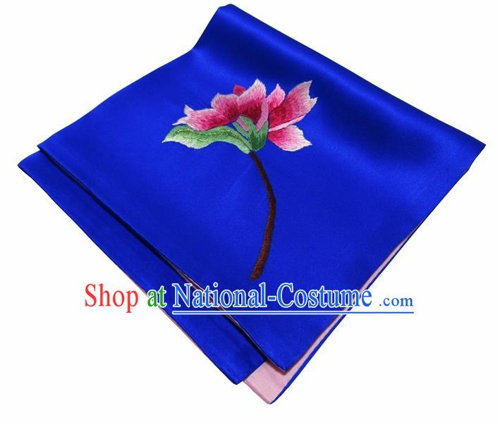 Chinese Traditional Handmade Embroidery Magnolia Royalblue Silk Handkerchief Embroidered Hanky Suzhou Embroidery Noserag Craft