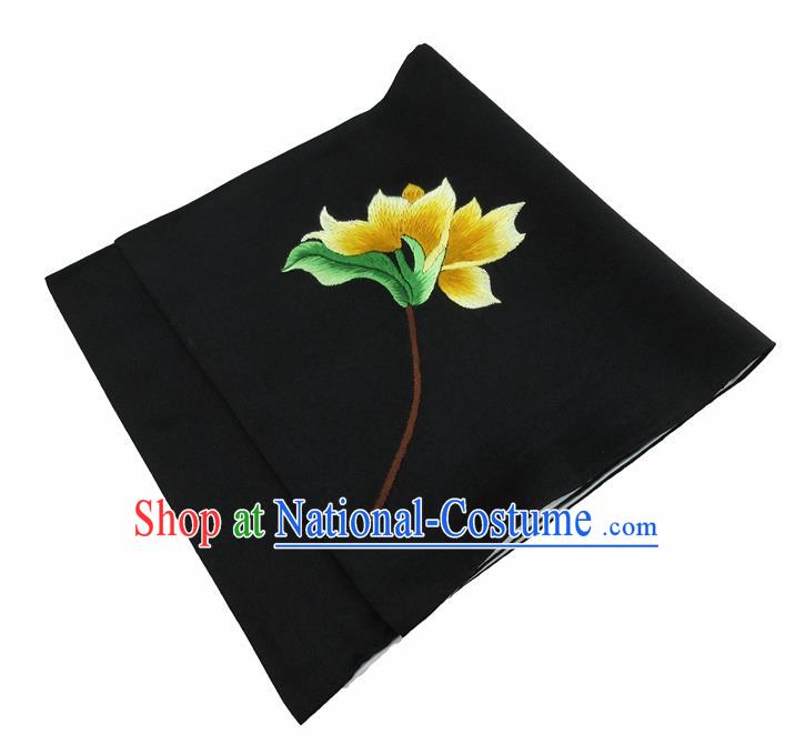 Chinese Traditional Handmade Embroidery Magnolia Black Silk Handkerchief Embroidered Hanky Suzhou Embroidery Noserag Craft