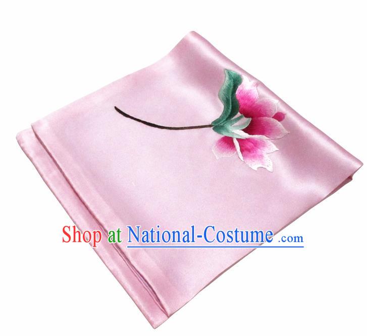 Chinese Traditional Handmade Embroidery Magnolia Pink Silk Handkerchief Embroidered Hanky Suzhou Embroidery Noserag Craft