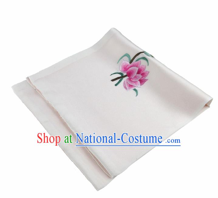 Chinese Traditional Handmade Embroidery Lotus White Silk Handkerchief Embroidered Hanky Suzhou Embroidery Noserag Craft