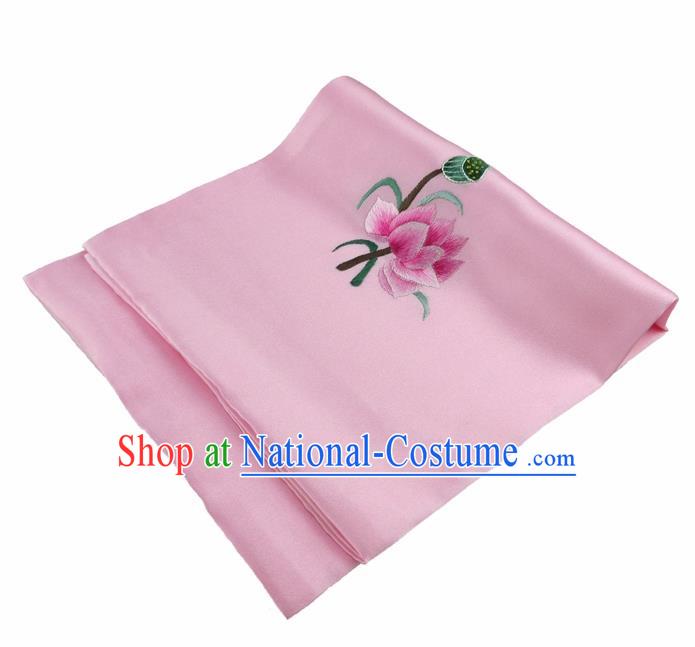 Chinese Traditional Handmade Embroidery Lotus Pink Silk Handkerchief Embroidered Hanky Suzhou Embroidery Noserag Craft