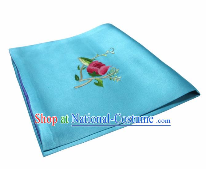 Chinese Traditional Handmade Embroidery Flower Blue Silk Handkerchief Embroidered Hanky Suzhou Embroidery Noserag Craft