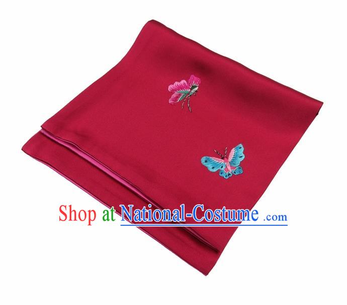 Chinese Traditional Handmade Embroidery Butterfly Wine Red Silk Handkerchief Embroidered Hanky Suzhou Embroidery Noserag Craft