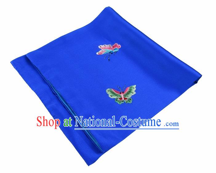 Chinese Traditional Handmade Embroidery Butterfly Royalblue Silk Handkerchief Embroidered Hanky Suzhou Embroidery Noserag Craft