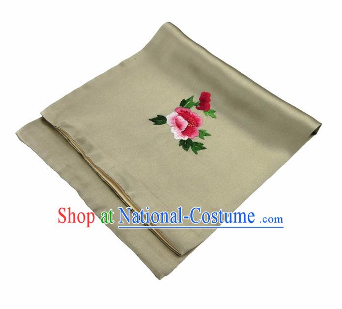 Chinese Traditional Handmade Embroidery Peony Olive Green Silk Handkerchief Embroidered Hanky Suzhou Embroidery Noserag Craft