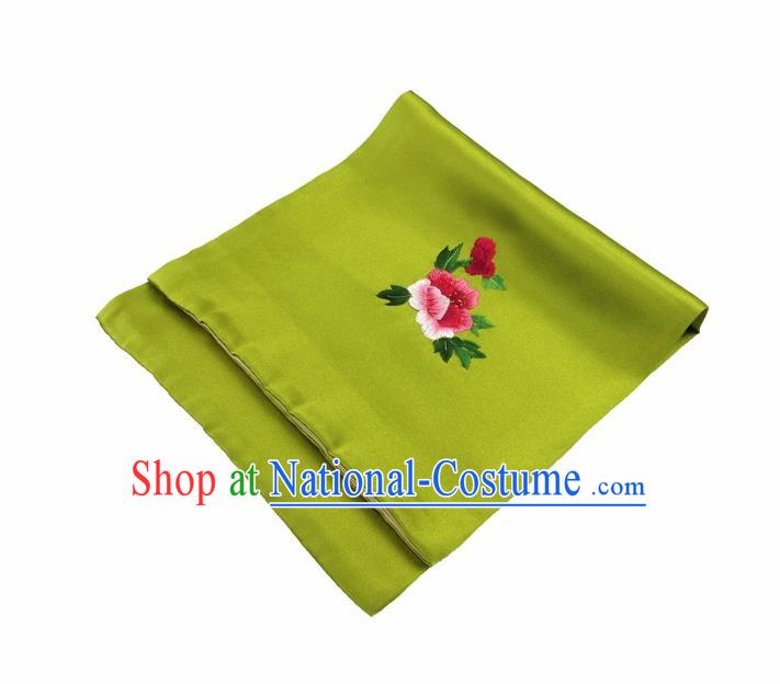 Chinese Traditional Handmade Embroidery Peony Green Silk Handkerchief Embroidered Hanky Suzhou Embroidery Noserag Craft