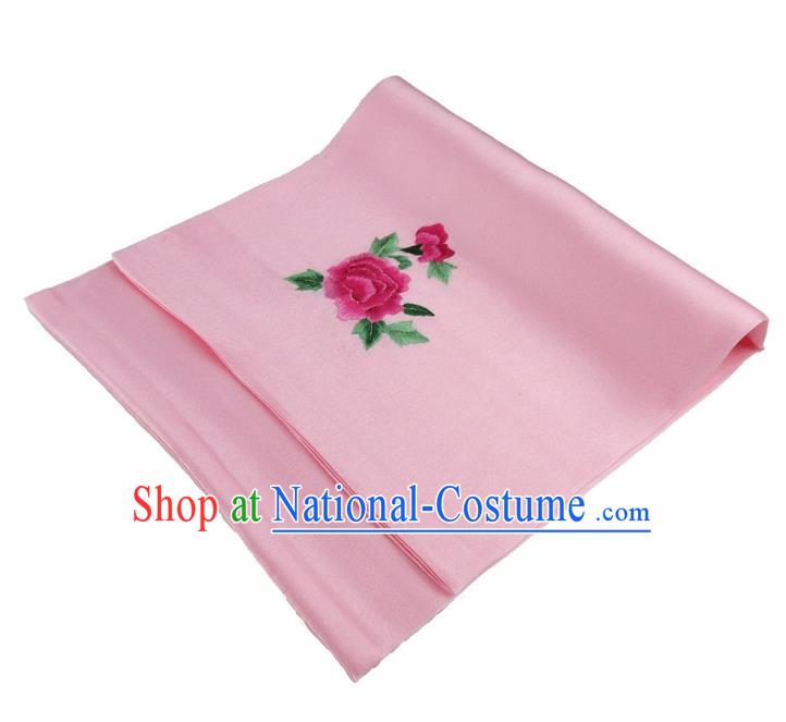 Chinese Traditional Handmade Embroidery Peony Pink Silk Handkerchief Embroidered Hanky Suzhou Embroidery Noserag Craft