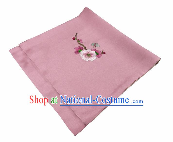 Chinese Traditional Handmade Embroidery Plum Blossom Deep Pink Silk Handkerchief Embroidered Hanky Suzhou Embroidery Noserag Craft