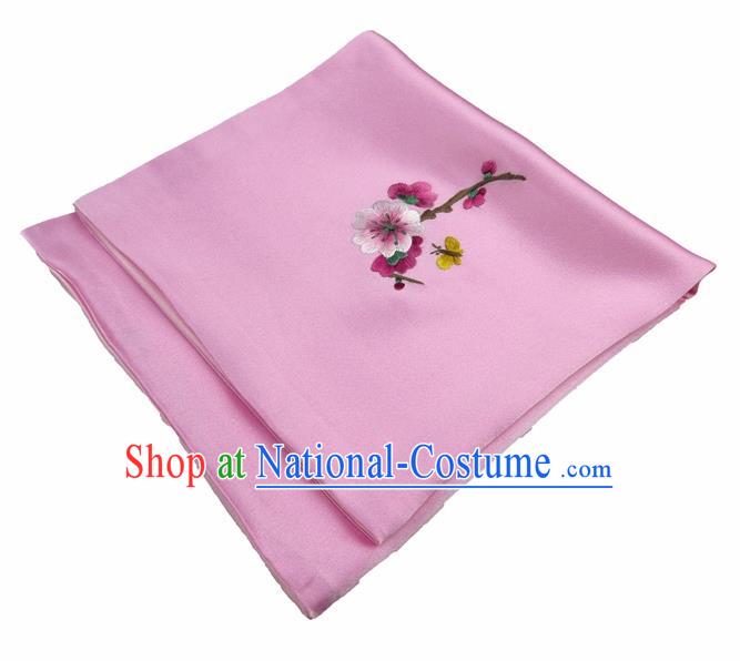 Chinese Traditional Handmade Embroidery Plum Blossom Peach Pink Silk Handkerchief Embroidered Hanky Suzhou Embroidery Noserag Craft