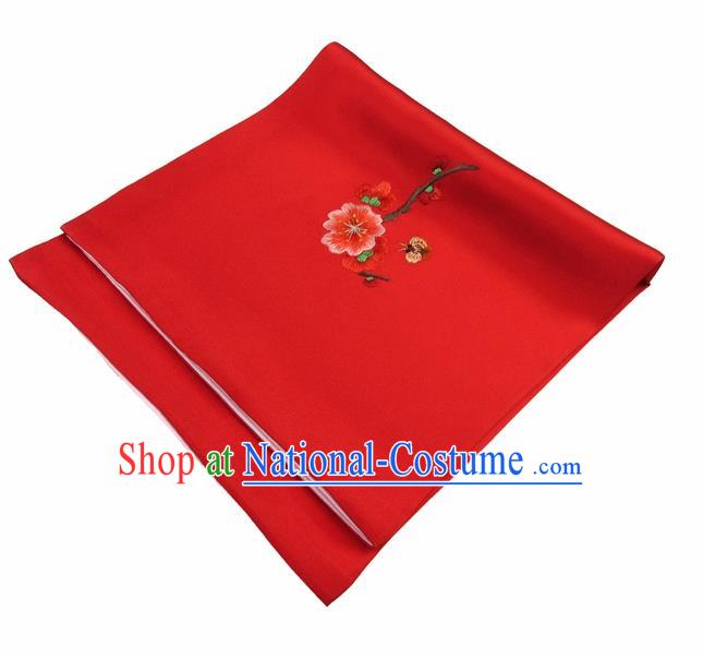 Chinese Traditional Handmade Embroidery Plum Blossom Red Silk Handkerchief Embroidered Hanky Suzhou Embroidery Noserag Craft