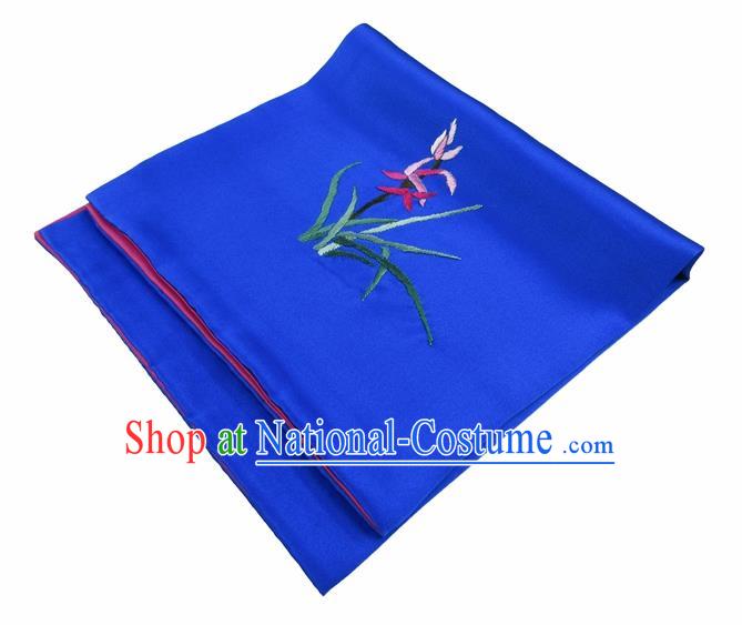 Chinese Traditional Handmade Embroidery Orchid Royalblue Silk Handkerchief Embroidered Hanky Suzhou Embroidery Noserag Craft