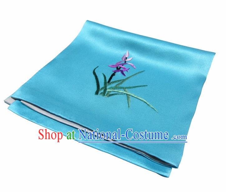 Chinese Traditional Handmade Embroidery Orchid Blue Silk Handkerchief Embroidered Hanky Suzhou Embroidery Noserag Craft