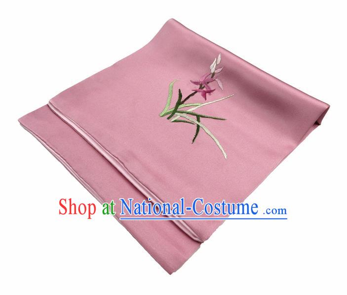 Chinese Traditional Handmade Embroidery Orchid Pink Silk Handkerchief Embroidered Hanky Suzhou Embroidery Noserag Craft