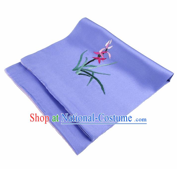 Chinese Traditional Handmade Embroidery Orchid Lilac Silk Handkerchief Embroidered Hanky Suzhou Embroidery Noserag Craft