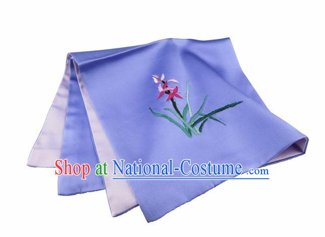 Chinese Traditional Handmade Embroidery Orchid Lilac Silk Handkerchief Embroidered Hanky Suzhou Embroidery Noserag Craft