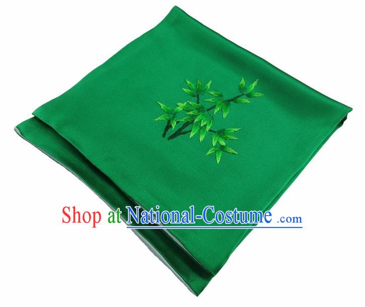 Chinese Traditional Handmade Embroidery Bamboo Green Silk Handkerchief Embroidered Hanky Suzhou Embroidery Noserag Craft