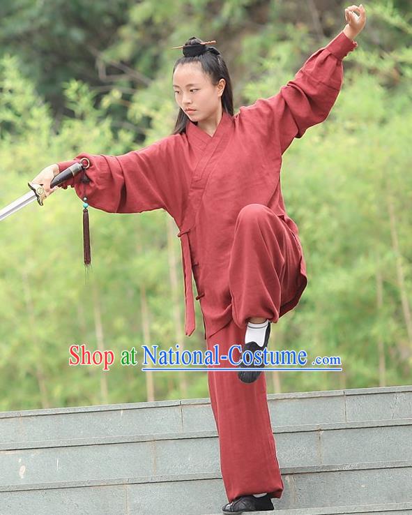 Chinese Traditional Wudang Martial Arts Rust Red Outfits Kung Fu Taoist Priest Tai Chi Costume for Women